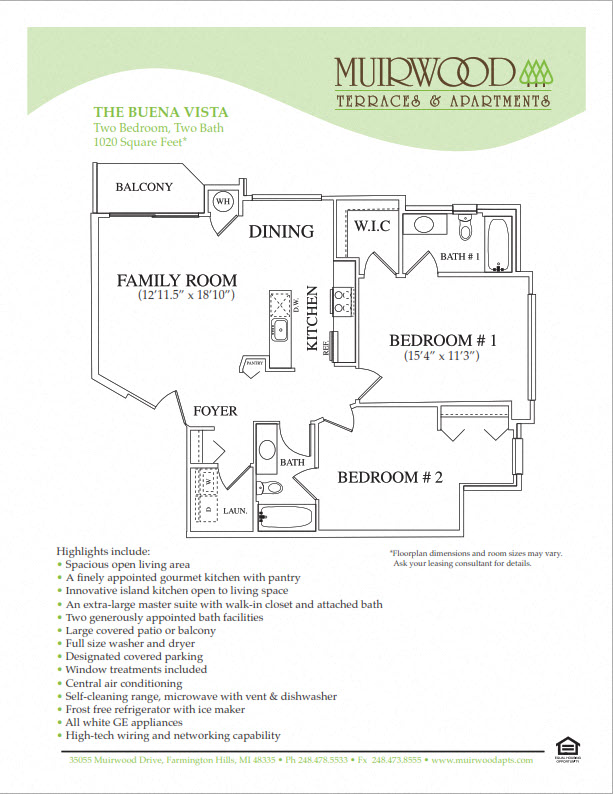 Floor plan for 2 beds, 2 baths, 1018 sqft